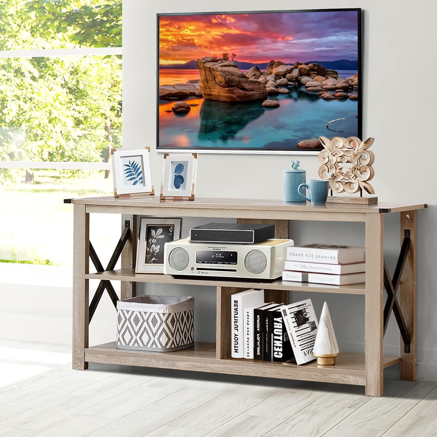 CHNKH TV Stand with TwoTier Rack Wooden Entertainment Media Center