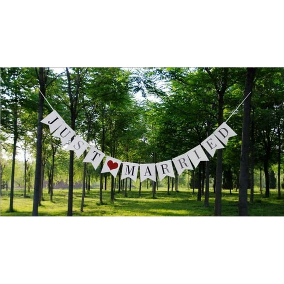 CHNLOJ "Just married" bunting banner with ribbon, white decoration flags for wedding feast and wedding photography