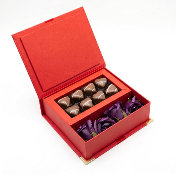 CHOCOMAR Gift Box with Chocolates & Roses  8 Chocolates and 4 Roses  Elegant Gift Set  Red or Black Box (Red)