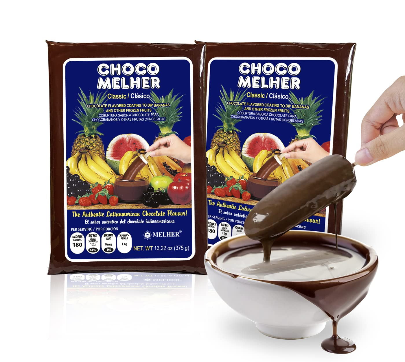 CHOCOMELHER Clasico - 2 Pack Milk Chocolate Flavored Coating for  Chocobananos - Cobertura de Chocolate - Best to Cover Frozen Bananas &  Strawberries - ...