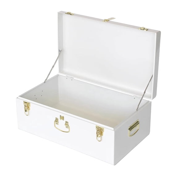 CHOCSTAY Large Storage Trunk with Key Lock & Handles, White Decorative Metal Box for Home, Wedding, Gift, Dorm & Bedroom Organization, 23.8X14.2X9.5 Inches