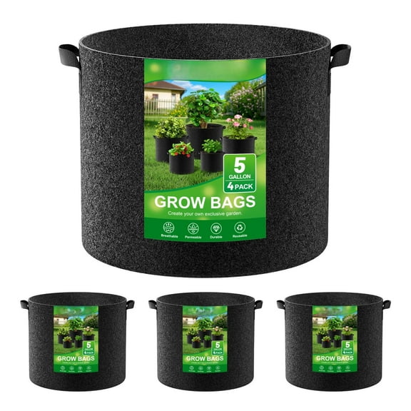 CHOII 4-Pack Fabric Grow Bags 5 Gallon,300G Thickened Nonwoven Plant Grow Bags,Grow Pots for Plants,Growing Bags with Handles,Planting Bags for Vegetables,Black