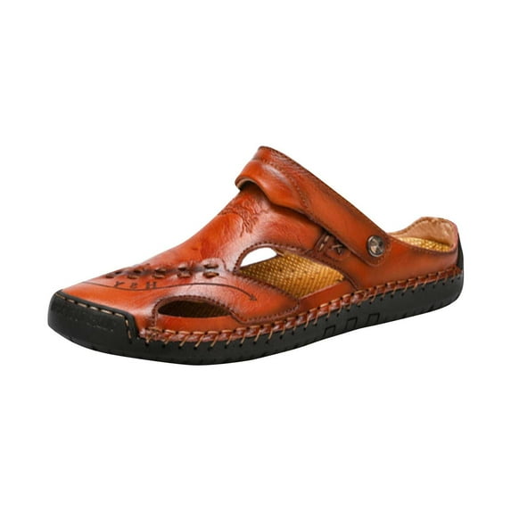 CHOII Clearance Summer Closed Toe Sandals Breathable Handmade Genuine Leather Sandals Slip-on Lazy Comfortable Beach Shoes Ankle Strap Flat Anti-slip Slide Slipper for Men and Women,Brown/9