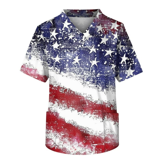 CHOII New Print for 2024 Scrubs for Men Men's Fashionable V-neck Short-sleeved Work Clothes With Pockets Tops And Work Clothes 4th of July Clothes Women
