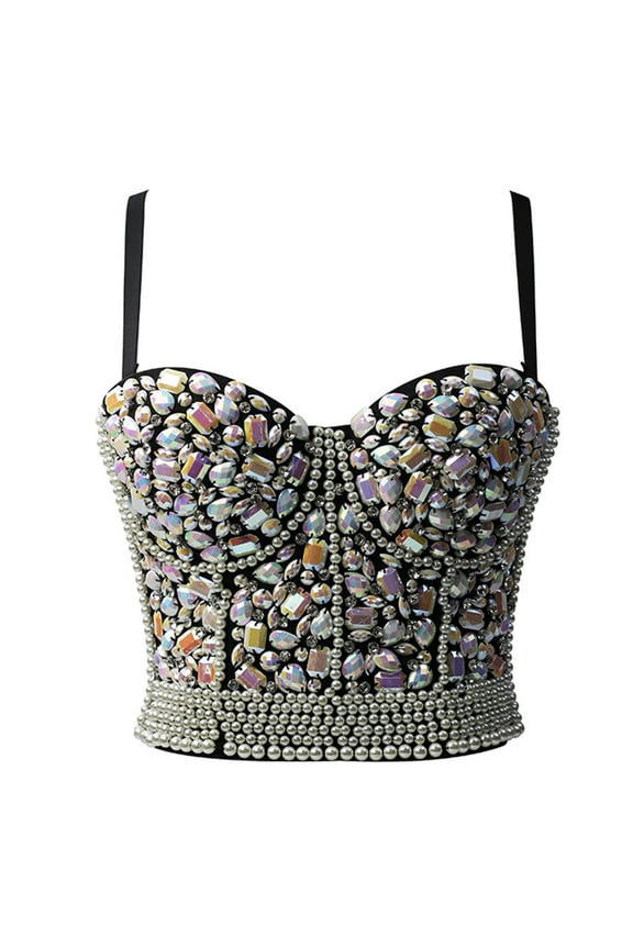 Womens Colorful for Rhinestone Push Up Bra Bustier Pearl Beaded Underwire Camisole Sexy Punk Party Clubwear Corset Crop