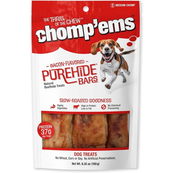 Chomp 'ems Purehide Chews - Slow Roasted Naturally Delicious Rawhide Dog Treats - High Protein Beef Hide - Bacon Flavor, Bars, 6.35 Oz.