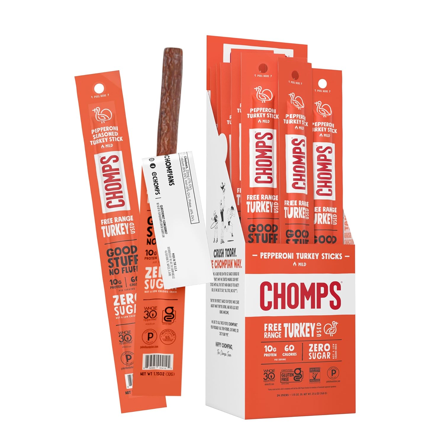 CHOMPS Free Range Pepperoni Turkey Jerky Meat Snack Sticks, Keto, Paleo