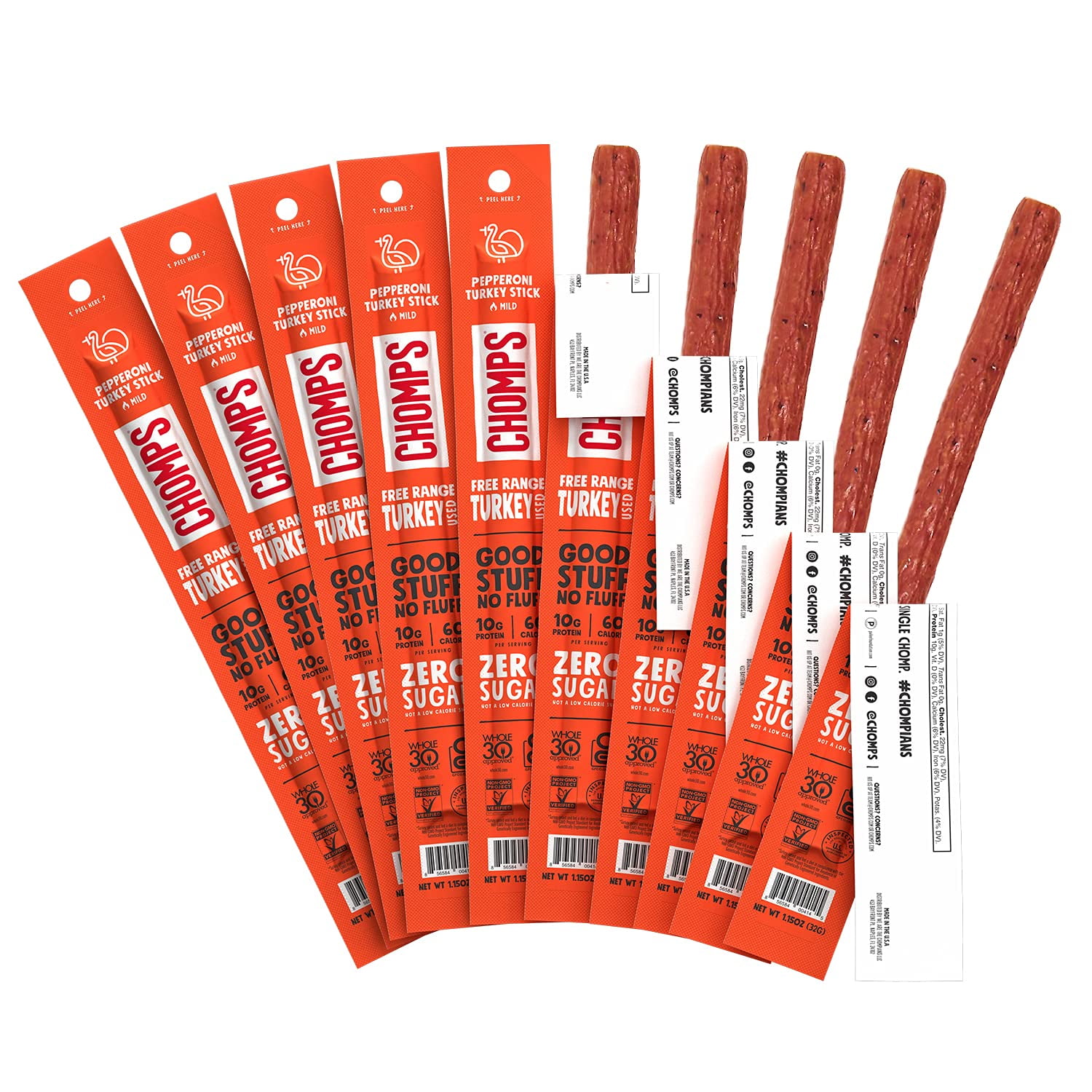 CHOMPS Free Range Pepperoni YPF5 Turkey Jerky Meat Snack Sticks, Keto