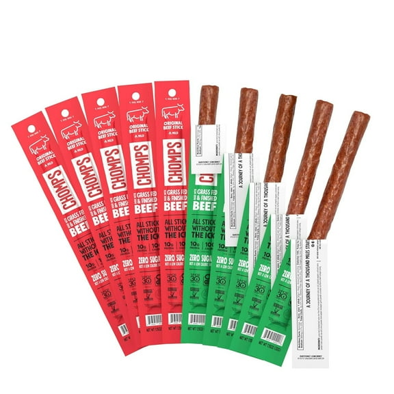 CHOMPS Grass Fed Beef Jerky Sticks, Beef Variety Pack, 10 Sticks: (5) Original Beef, (5) Jalapeno Beef