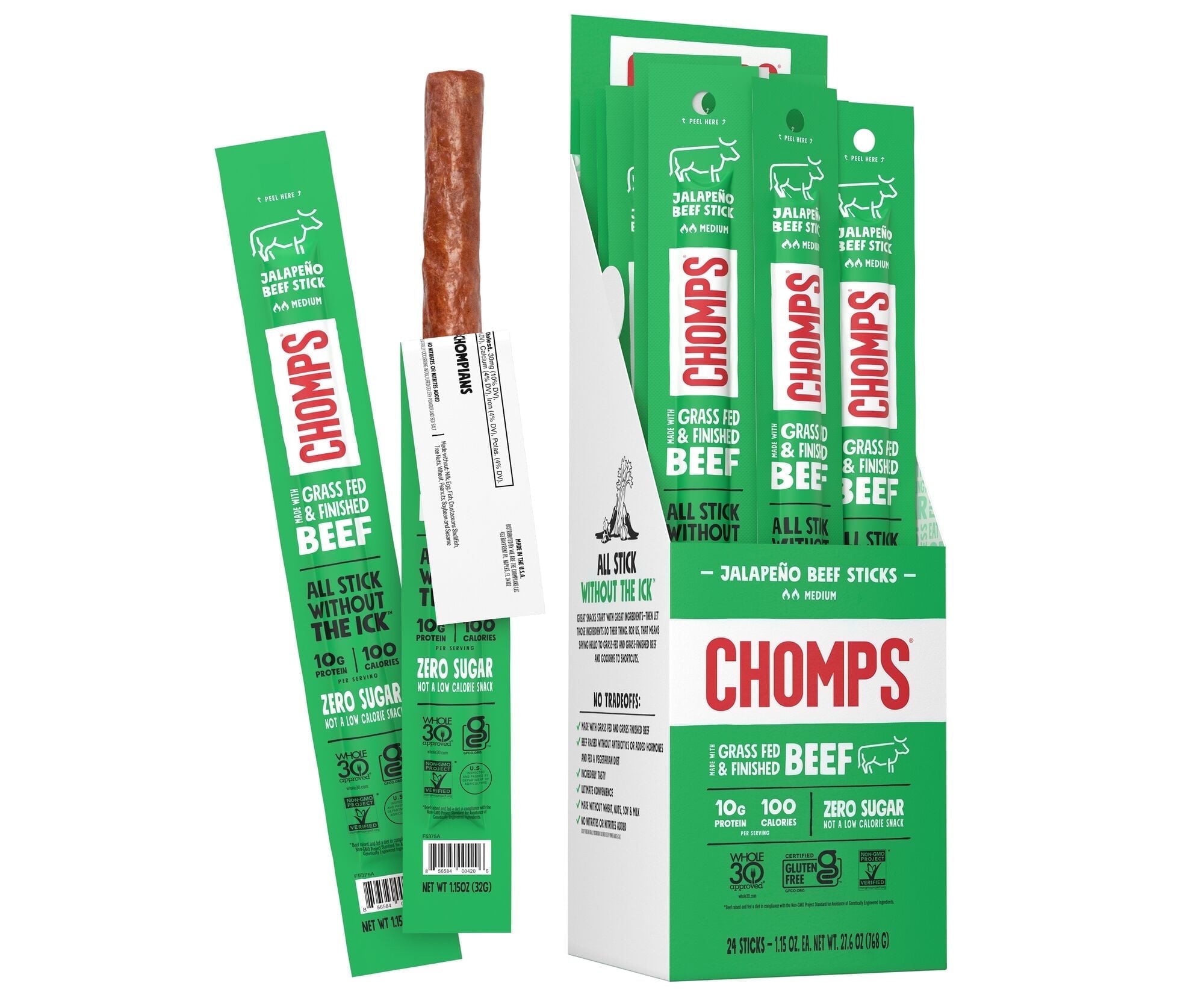 Chomps Grass Fed Beef Jerky Sticks, Jalapeno Beef, Keto Snack, Healthy Snack, 24ct 1.15oz