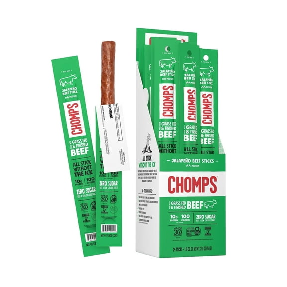 Chomps Grass Fed Beef Jerky Sticks, Jalapeno Beef, Keto Snack, Healthy Snack, 24ct 1.15oz