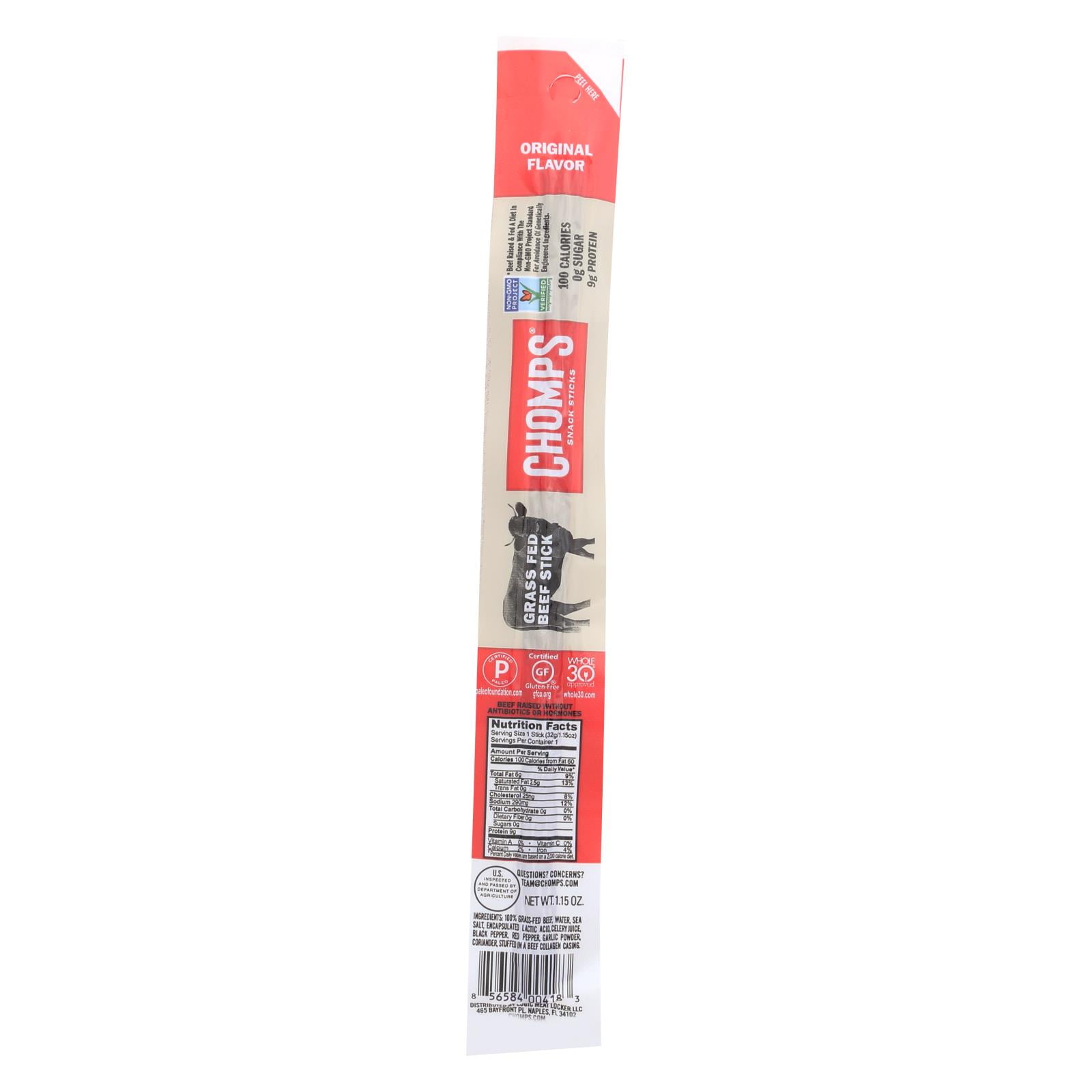 CHOMPS Grass Fed Original Beef Jerky Snack Sticks, 1.15 oz (Pack of 24)