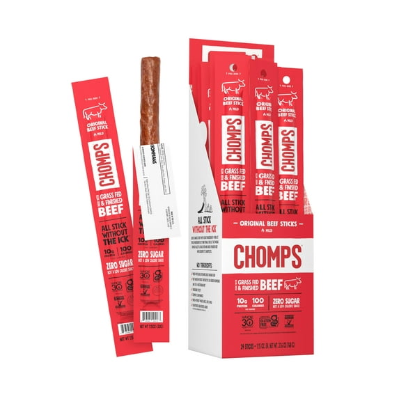 CHOMPS Grass Fed Original Beef Jerky Snack Sticks, Keto, Paleo, Whole30 Approved, Non-GMO, Gluten Free, Sugar Free, Allergy Friendly Snack, High Protein, 90 Calorie Snack, 27.6oz Pack