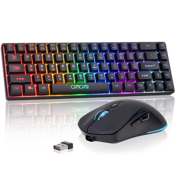 CHONCHOW 60% Wireless Gaming Keyboard and Mouse Combo,68 keys Rechargeable RGB Backlit Compact Keyboard , 2.4GHz Wireless Receiver,Portable Design and Stable USB Connection for PC Mac Xbox