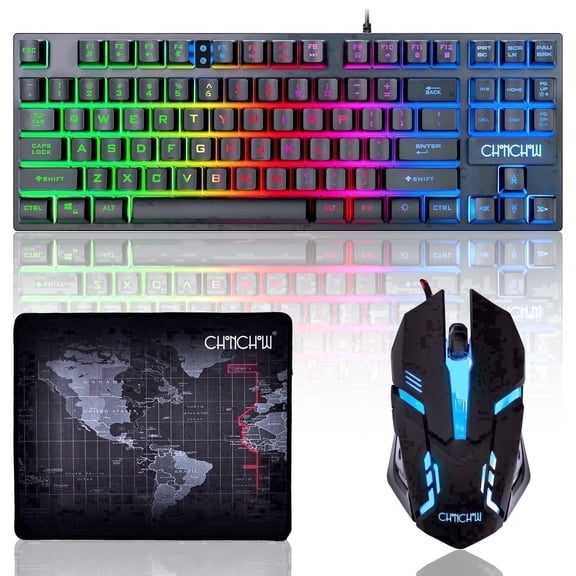 CHONCHOW Wired Gaming Keyboard and Mouse Combo, 87-Key Compact Rainbow LED Backlit Keyboard with 800-3200 DPI Mouse, Anti-Ghosting Multimedia Keys, Plug & Play for PC Laptop PS4 PS5 Xbox