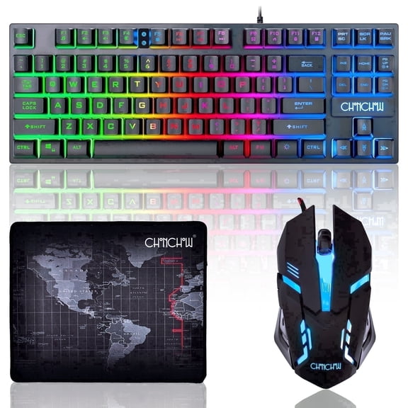 CHONCHOW  Gaming Keyboard and Mouse Combo, 87 Keys Wired TKL Rainbow Backlit Keyboard 800-3200 DPI RGB Mouse, Gaming for PS4 Xbox PC Laptop Mac