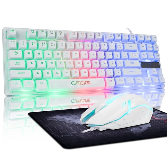 CHONCHOW Gaming Keyboard and Mouse Combo, White Wired TKL 87 Keys Rainbow LED Backlit, 3200DPI, Compatible with PC PS4 PS5 Xbox