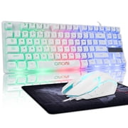 CHONCHOW Wired Gaming Keyboard and Mouse Combo, 87-Key White TKL Rainbow Backlit Keyboard, 3200 DPI 6-Button Mouse for PC