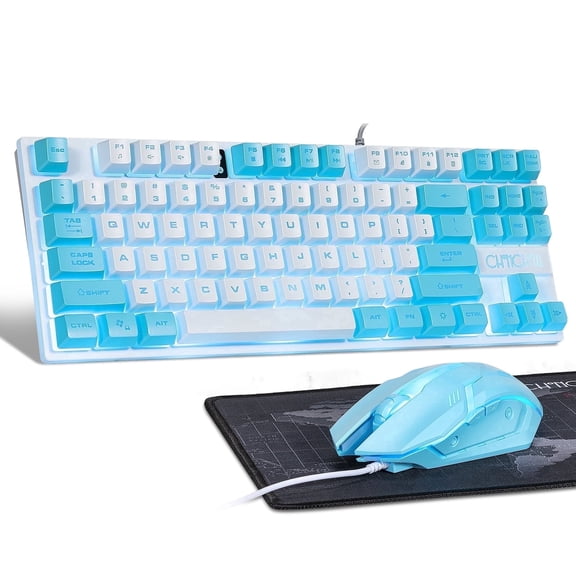 CHONCHOW Wired Gaming Keyboard and Mouse Combo, 87 Keys TKL USB Wired LED Light Up Backlit Keyboard, 800-3200 DPI RGB Mouse, Blue Mouse and Keyboard Combo for PS4 PS5 PC Laptop Mac  - White&Blue
