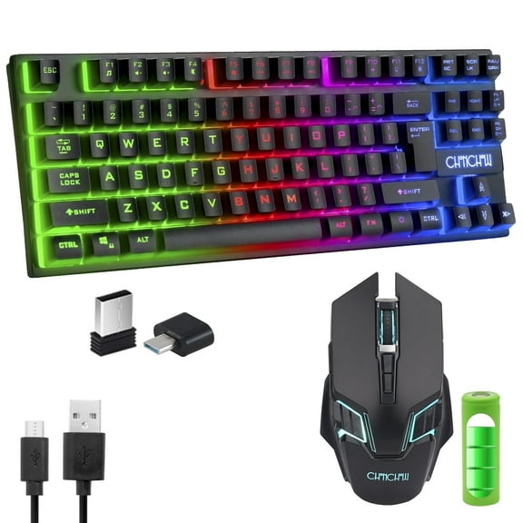 CHONCHOW 2.4Ghz Wireless Keyboard and Mouse Combo, Rechargeable 87-Key LED Backlit for Gaming on PC, Xbox, PS4