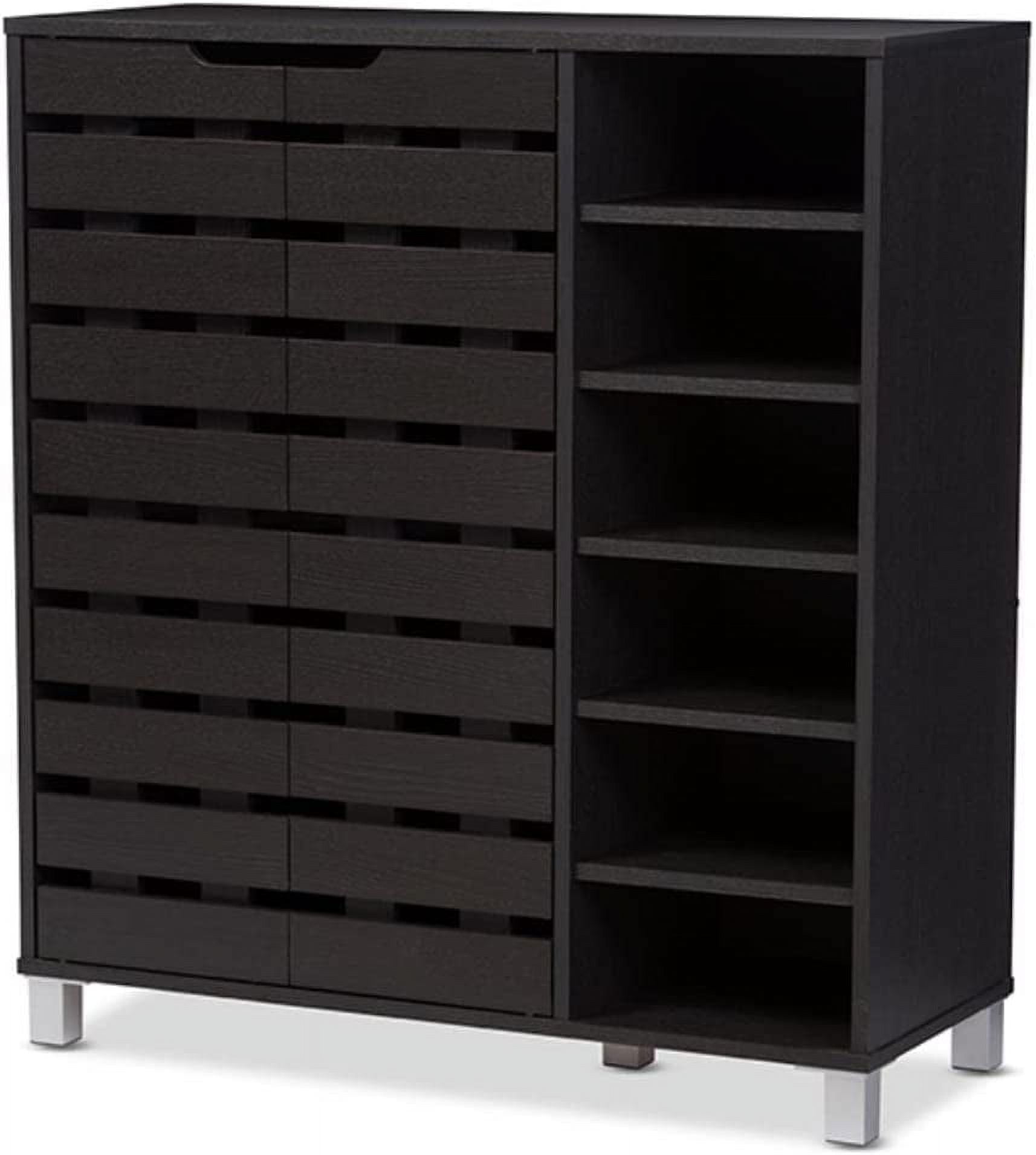 Shirley Dark Brown Wood and Metal 2-Door Shoe Cabinet with Open Shelves