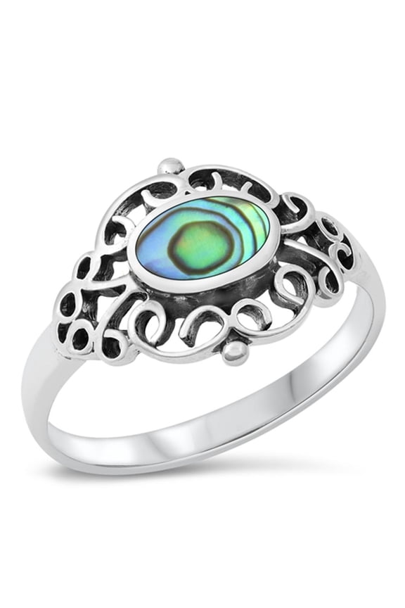 CHOOSE YOUR COLOR Abalone Oval Filigree Cutout Ring .925 Sterling Silver Band Jewelry Female Size 5