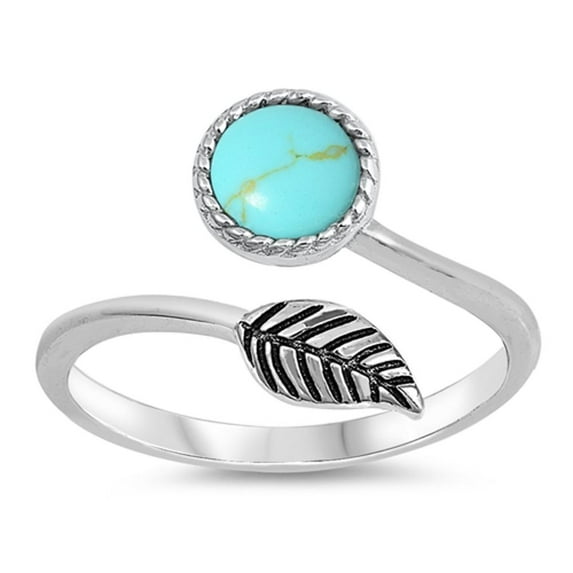 CHOOSE YOUR COLOR Adjustable Leaf Wrap Plant Ring Simulated Turquoise .925 Sterling Silver Band Blue CZ Female Size 7