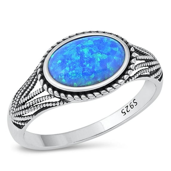 CHOOSE YOUR COLOR Bali Chunk Blue Simulated Opal Ring .925 Sterling Silver Band CZ Female Size 10