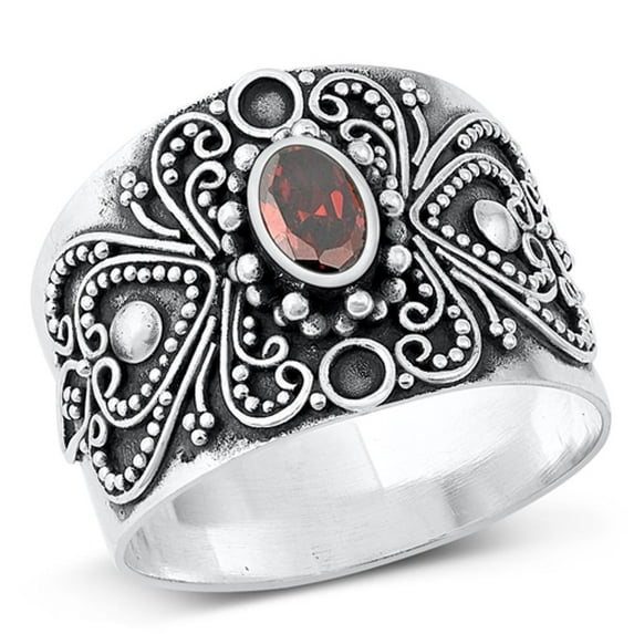 CHOOSE YOUR COLOR Bali Chunk Simulated Garnet Ring .925 Sterling Silver Band Red CZ Female Size 9