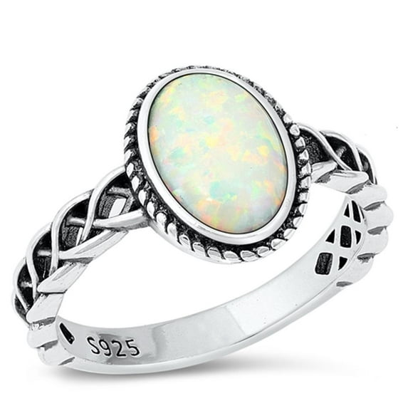 CHOOSE YOUR COLOR Bali Chunk White Simulated Opal Ring .925 Sterling Silver Band CZ Female Size 10