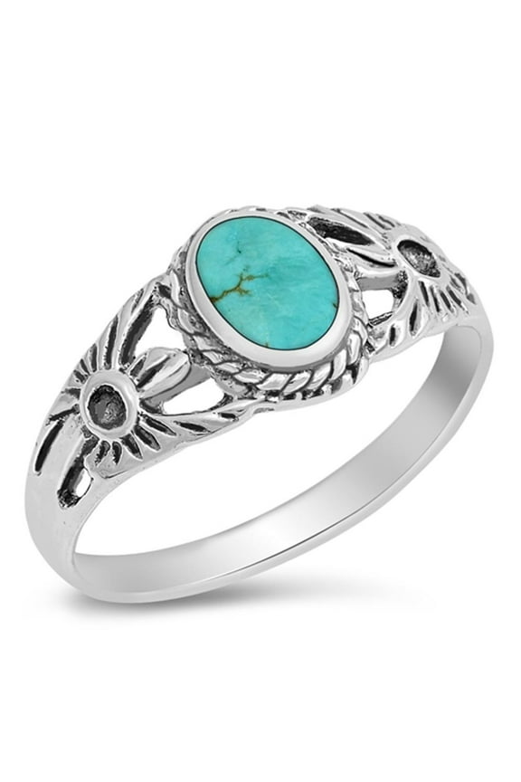 CHOOSE YOUR COLOR Bali Flower Simulated Turquoise Boho Ring .925 Sterling Silver Band Blue CZ Female Size 4