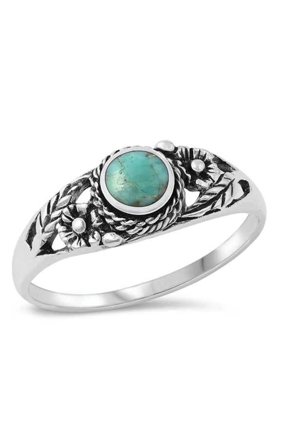 CHOOSE YOUR COLOR Bali Flower Simulated Turquoise Ring .925 Sterling Silver Band Blue CZ Female Size 5