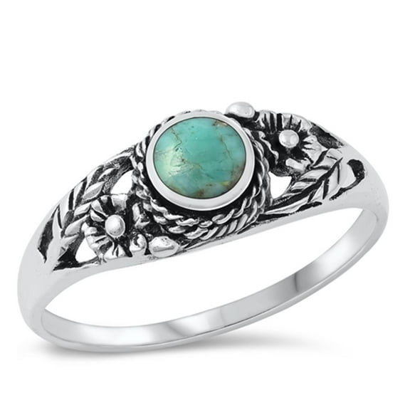 CHOOSE YOUR COLOR Bali Flower Simulated Turquoise Ring .925 Sterling Silver Band Blue CZ Female Size 6