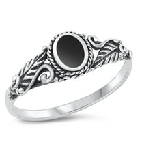 CHOOSE YOUR COLOR Bali Leaf Simulated Black Onyx Ring .925 Sterling Silver Band CZ Female Size 8