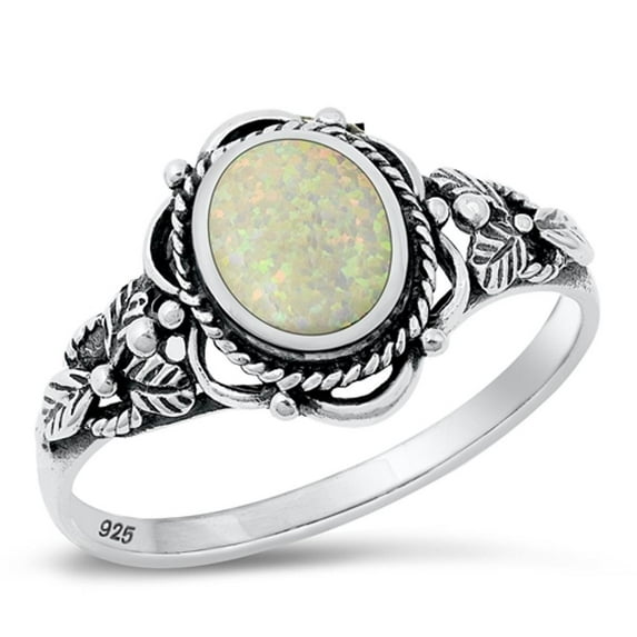 CHOOSE YOUR COLOR Bali Leaf White Simulated Opal Promise Ring .925 Sterling Silver Band CZ Female Size 10