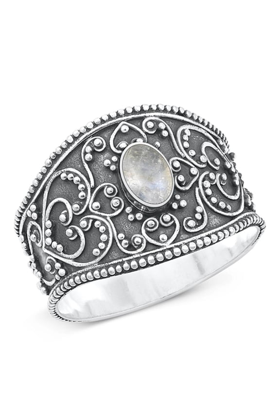 CHOOSE YOUR COLOR Bali Moonstone Ring .925 Sterling Silver Oxidized Band White CZ Female Size 7