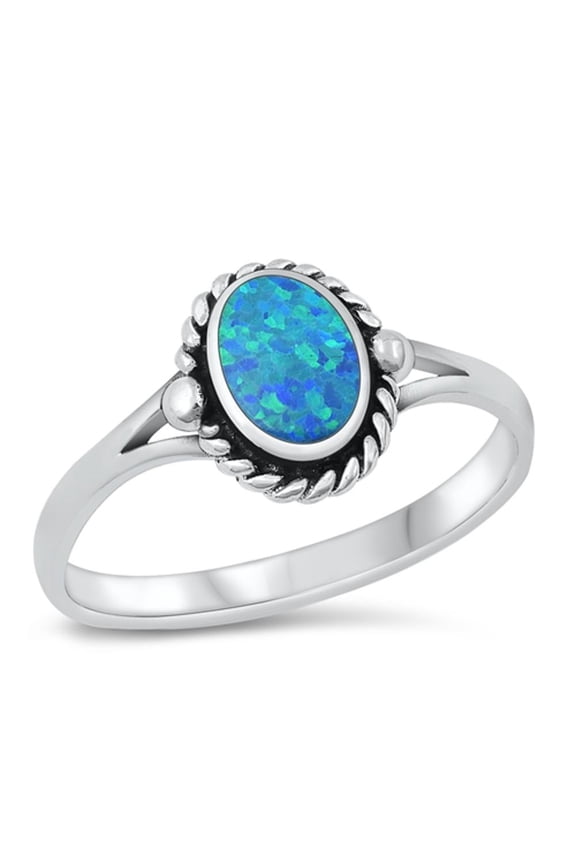 CHOOSE YOUR COLOR Bali Oval Blue Simulated Opal Ring .925 Sterling Silver Band CZ Female Size 5