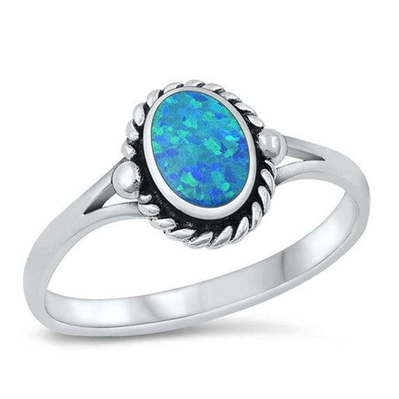 CHOOSE YOUR COLOR Bali Oval Blue Simulated Opal Ring .925 Sterling Silver Band CZ Female Size 6