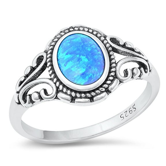 CHOOSE YOUR COLOR Bali Oval Blue Simulated Opal Ring .925 Sterling Silver Band CZ Female Size 9