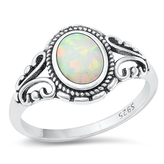 CHOOSE YOUR COLOR Bali Oval White Simulated Opal Ring .925 Sterling Silver Band CZ Female Size 6