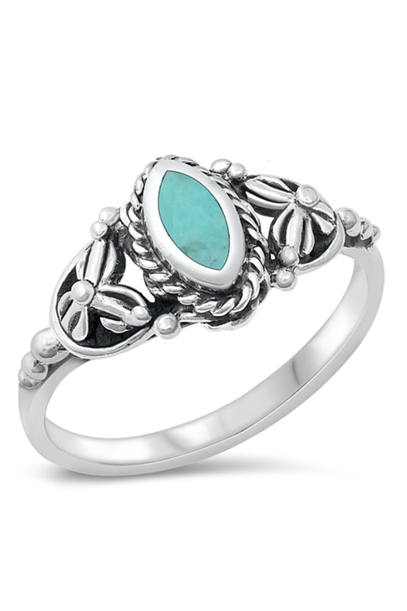 CHOOSE YOUR COLOR Bali Simulated Turquoise Flower Ring .925 Sterling Silver Band Blue CZ Female Size 6