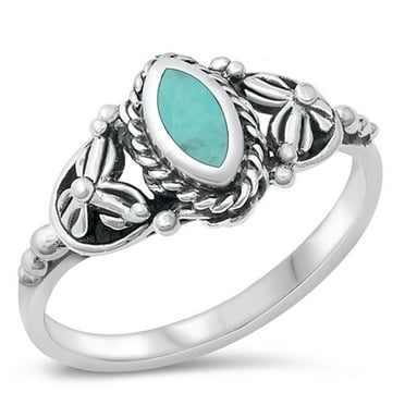 CHOOSE YOUR COLOR Bali Simulated Turquoise Flower Ring .925 Sterling Silver Band Blue CZ Female Size 9