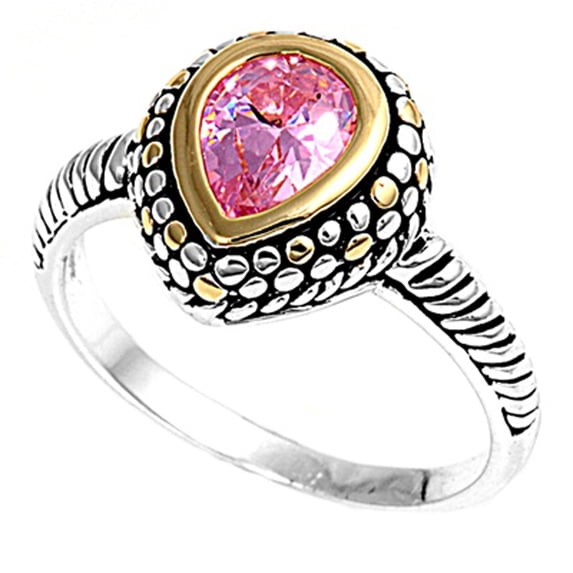 CHOOSE YOUR COLOR Bezel Pink CZ Teardrop Bali Bead Ring .925 Sterling Silver Band Female Size 9