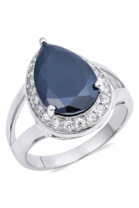 CHOOSE YOUR COLOR Black CZ Large Teardrop Halo Wedding Ring .925 Sterling Silver Band Female Size 9