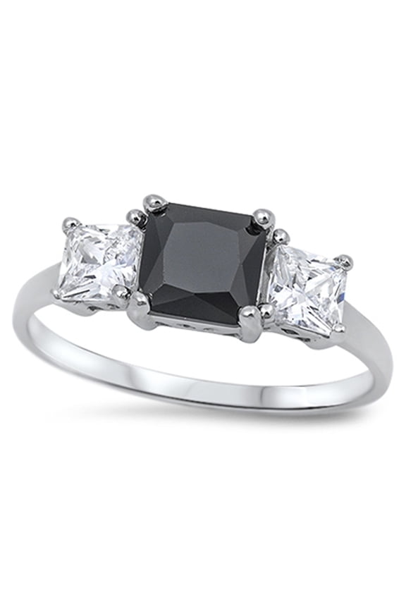 CHOOSE YOUR COLOR Black CZ Square Faceted Triple Bridal Ring .925 Sterling Silver Band Female Size 7
