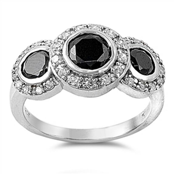 CHOOSE YOUR COLOR Black CZ Trio Halo Round Cocktail Ring .925 Sterling Silver Band Female Size 9