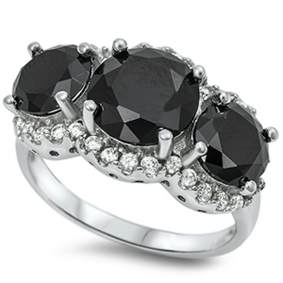 CHOOSE YOUR COLOR Black CZ Triple Round Halo Faceted Ring .925 Sterling Silver Band Female Size 9