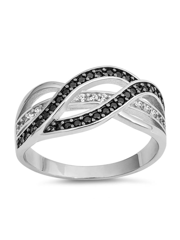 CHOOSE YOUR COLOR Black CZ Woven Interlocking Bar Knot Ring .925 Sterling Silver Band Female Size 12
