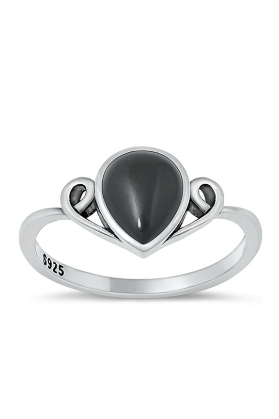 CHOOSE YOUR COLOR Black Simulated Agate Ring .925 Sterling Silver Chic Tear Drop Band CZ Female Size 10