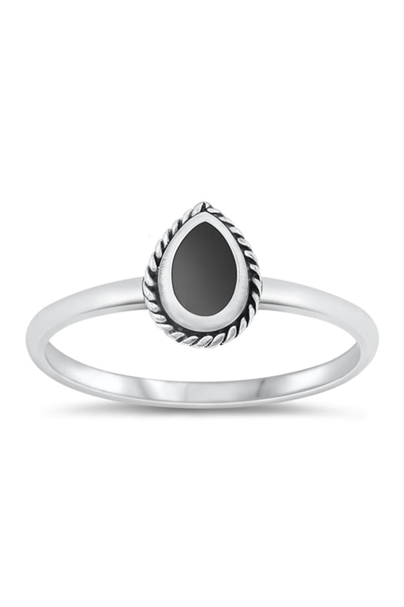CHOOSE YOUR COLOR Black Simulated Agate Teardrop Ring .925 Sterling Silver Band CZ Female Size 7